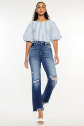 Kancan High Rise Distressed Slim Straight Jeans - Trendy Dark Wash, Flattering Fit for Women